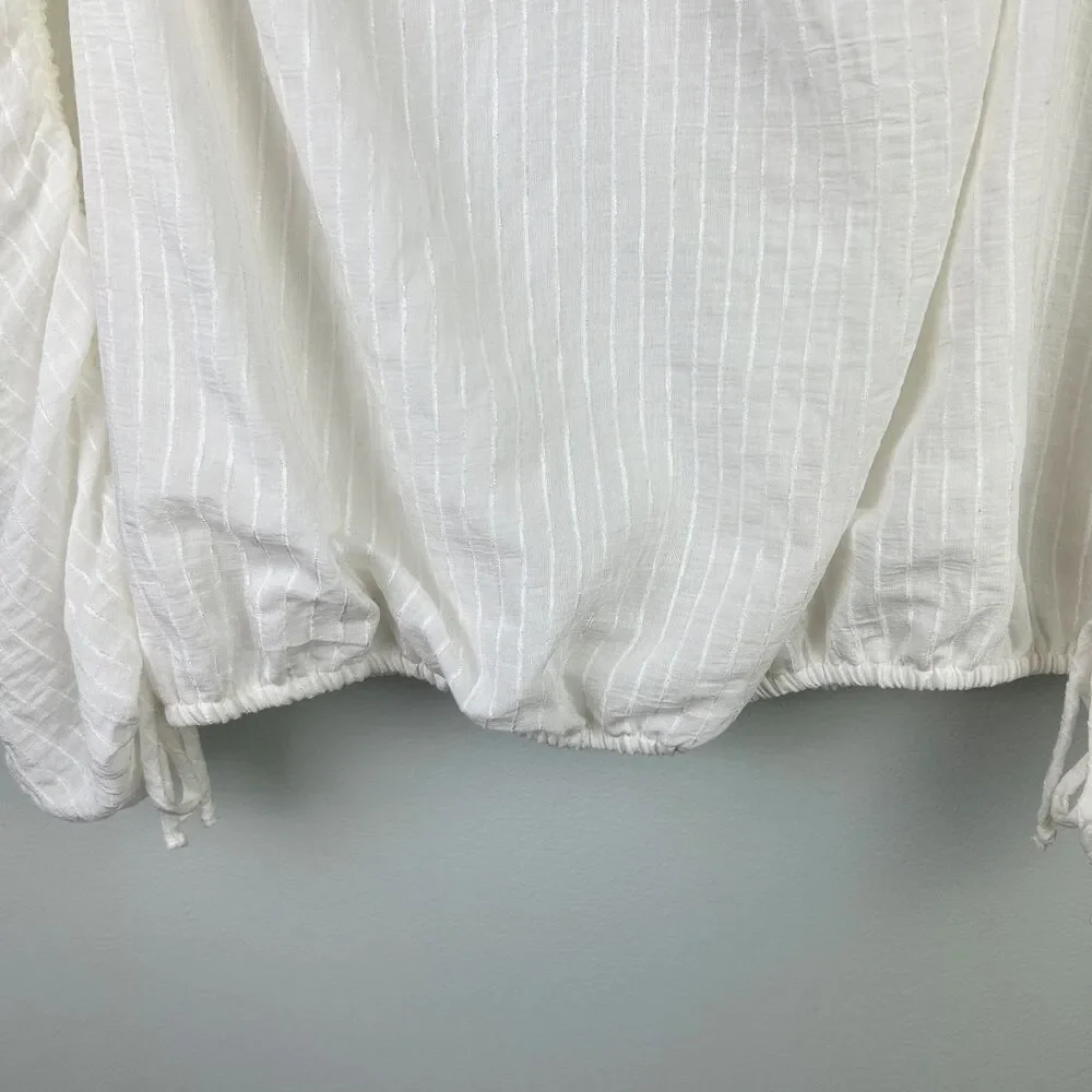 ASTR the Label Ruched Puff Long Sleeve Top White Sheer Pinstripe Blouse VNeck XS